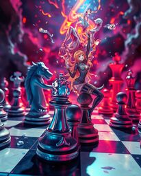 An Isekai anime-style chessboard depiction captures a scene of frozen destruction with pieces suspended mid-air. Vivid electr