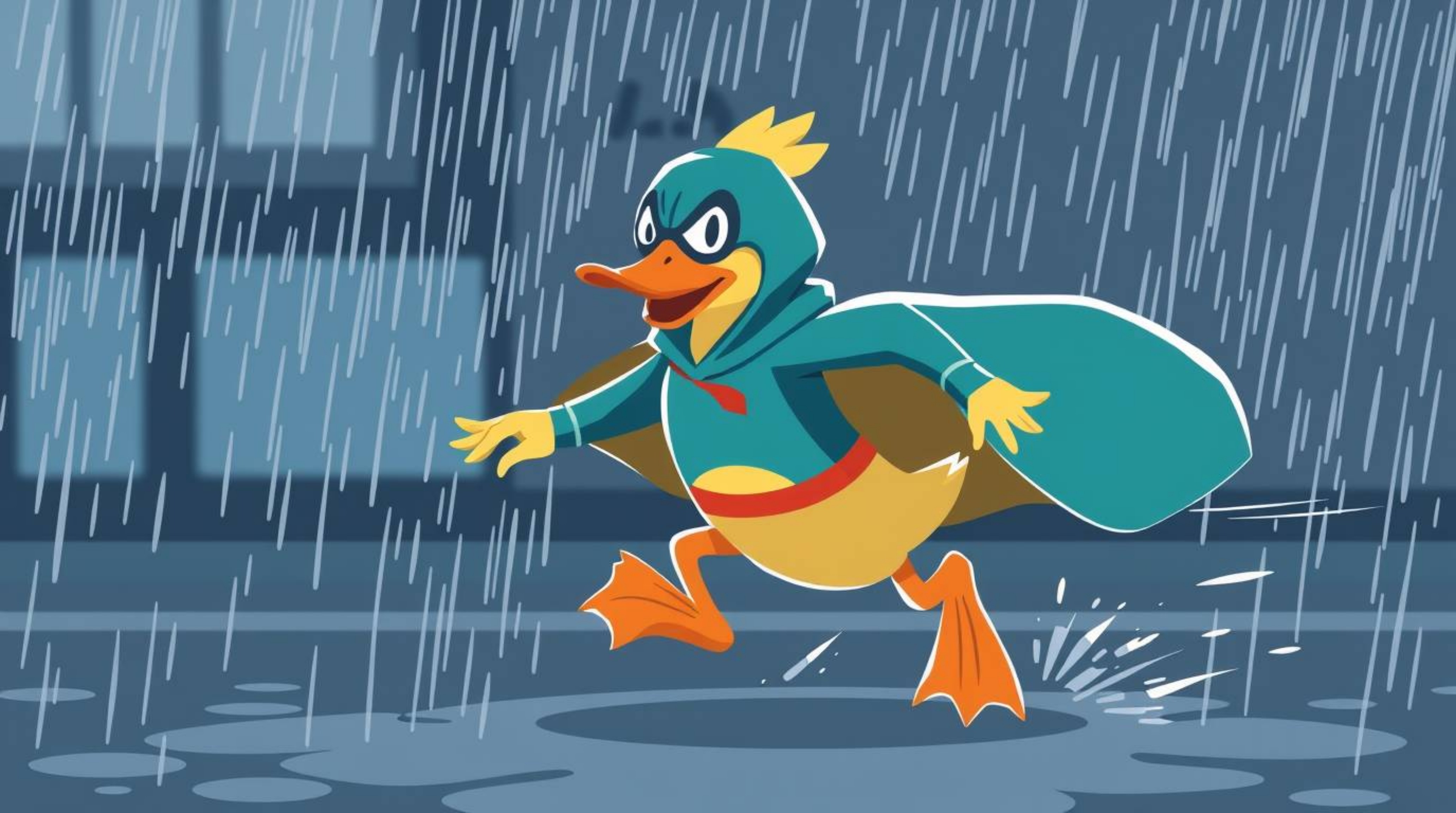 This vibrant, modern flat design illustration depicts a duck superhero in a zany costume, captured in dynamic motion. The sce