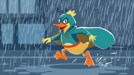 This vibrant, modern flat design illustration depicts a duck superhero in a zany costume, captured in dynamic motion. The sce