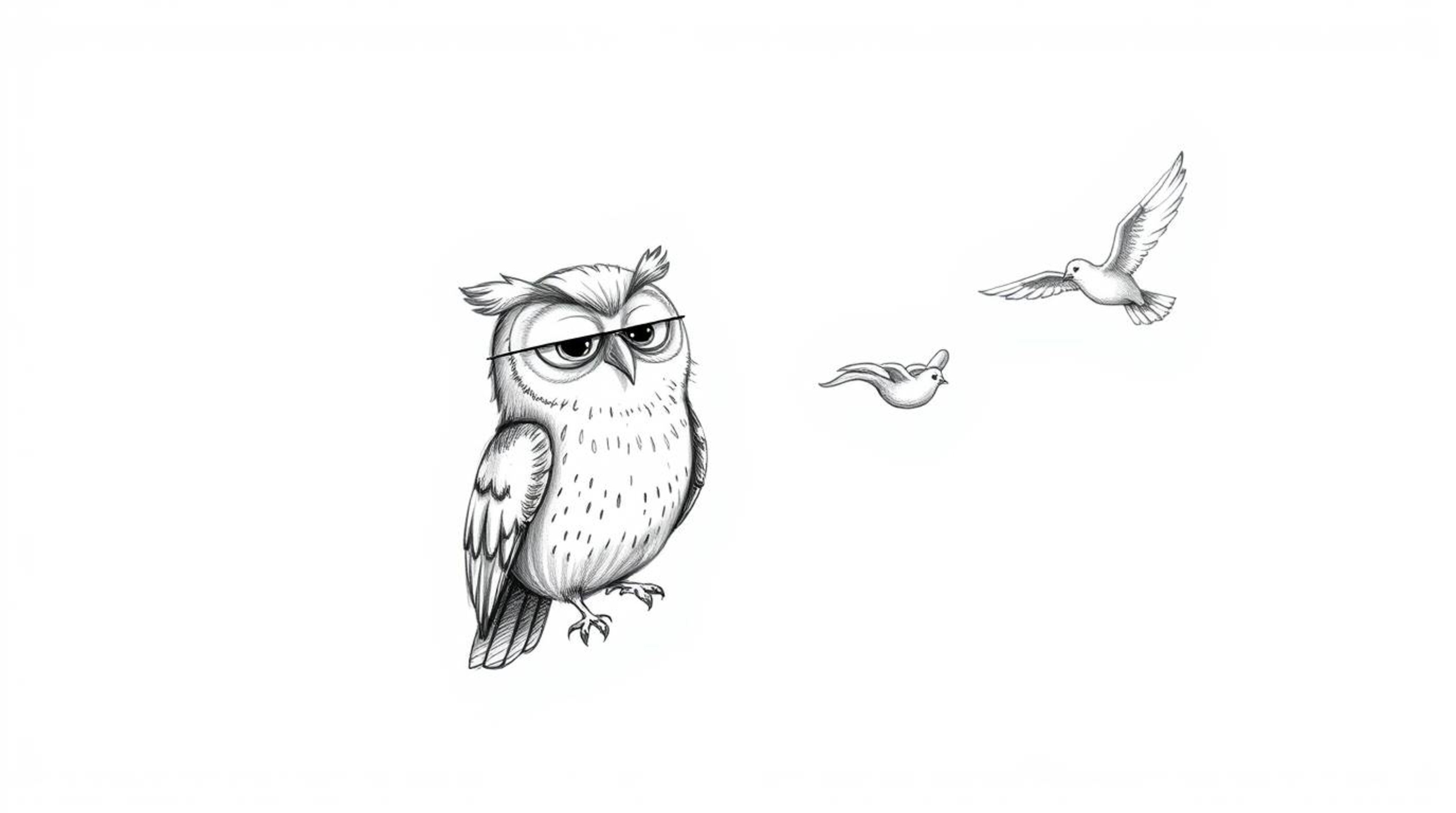 A heartwarming hand-drawn pencil sketch in the style of Pixar depicts a blind owl with a gentle and wise expression.  This in