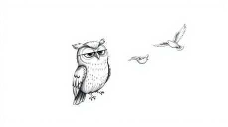 A heartwarming hand-drawn pencil sketch in the style of Pixar depicts a blind owl with a gentle and wise expression.  This in