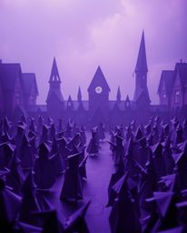 Discover a magical school brimming with young wizards, where deep ultraviolet hues meet soft cinematic haze.  The intricate o