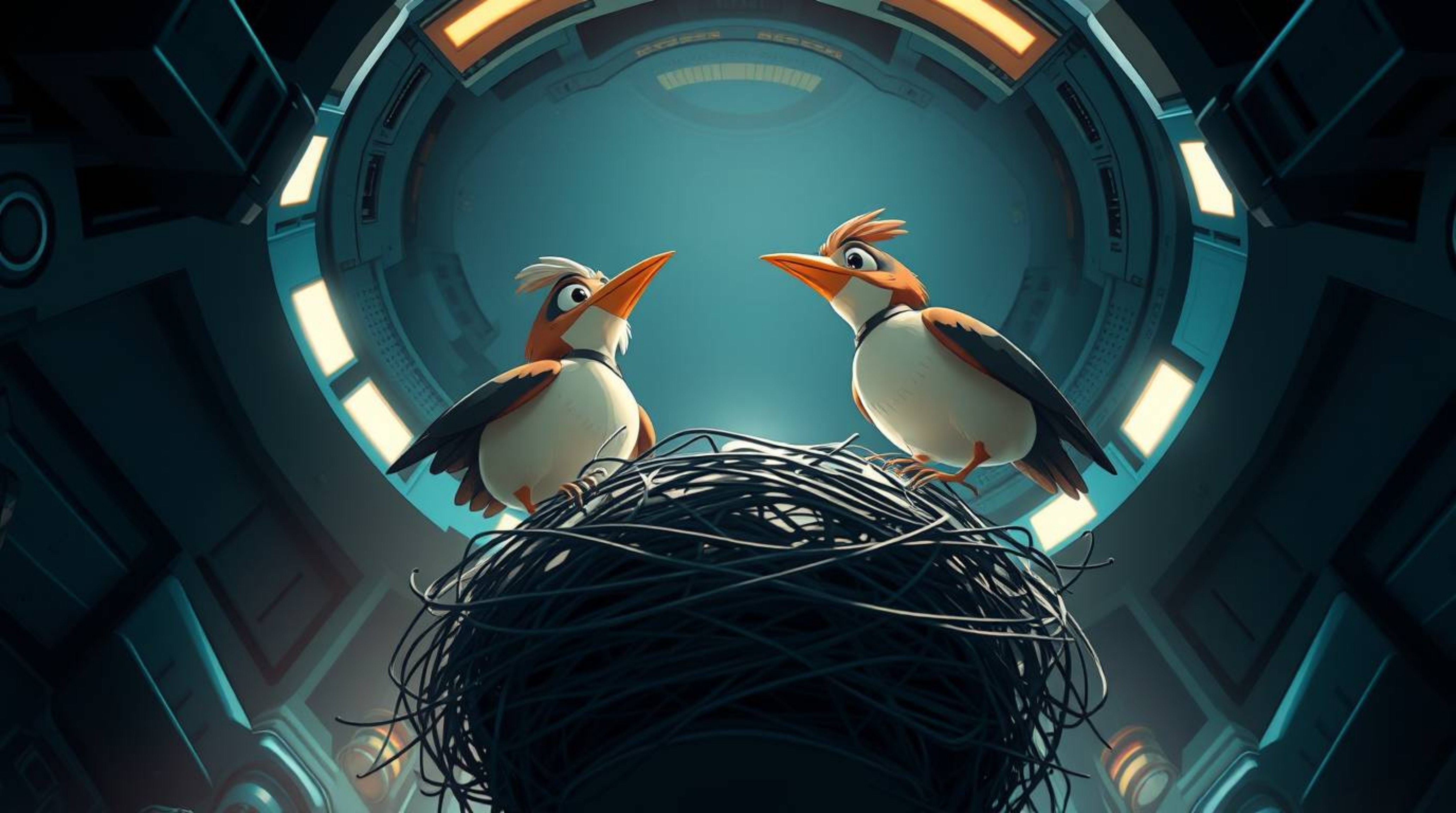 Experience a futuristic, sci-fi inspired scene of two cartoon birds diligently building their nest. Captured in a classic ani