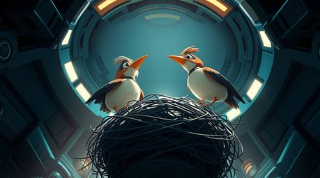 Experience a futuristic, sci-fi inspired scene of two cartoon birds diligently building their nest. Captured in a classic ani