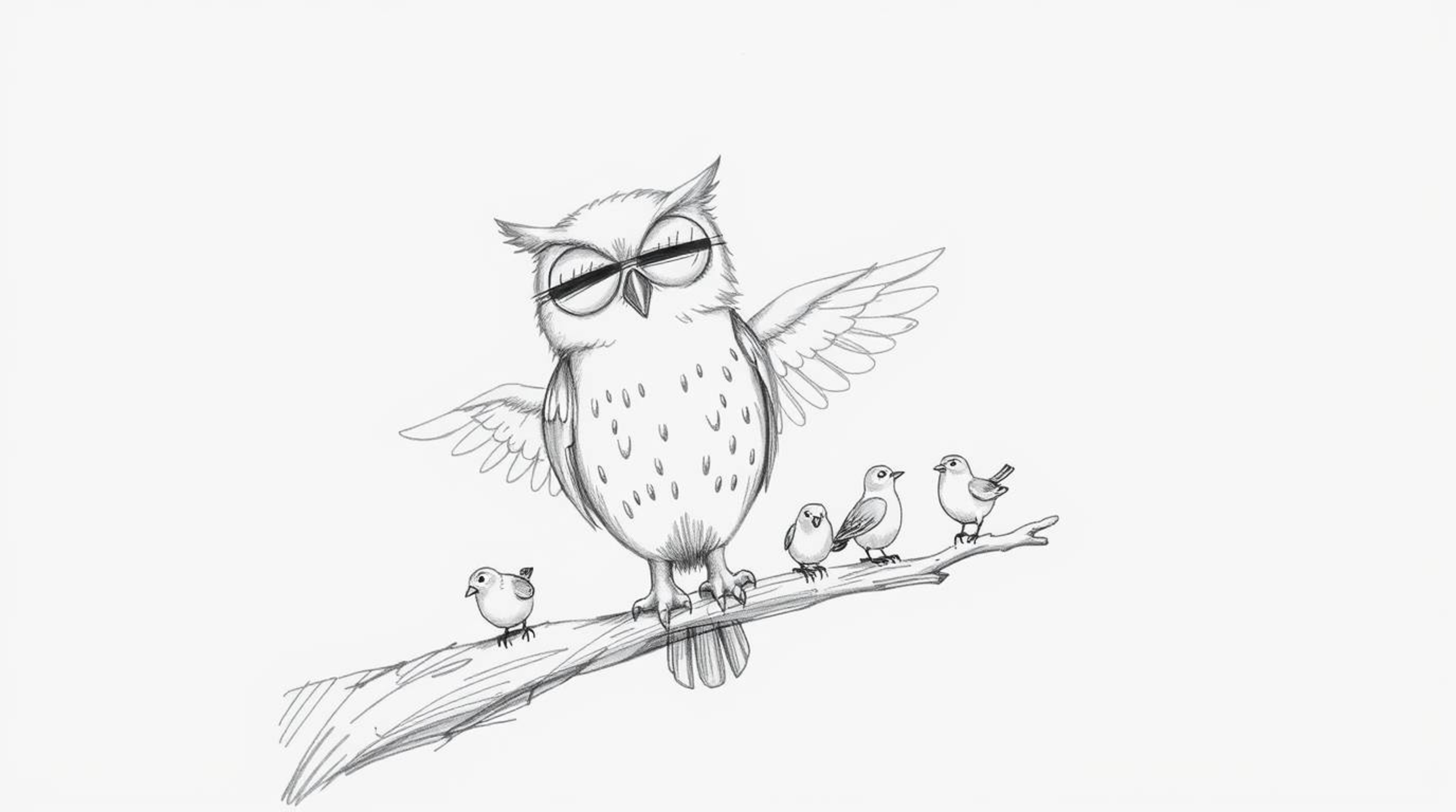 A charming hand-drawn sketch in the style of Pixar depicts a wise, blind owl perched on a hollow branch, rhythmically tapping