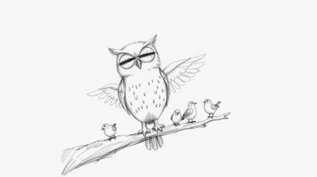 A charming hand-drawn sketch in the style of Pixar depicts a wise, blind owl perched on a hollow branch, rhythmically tapping