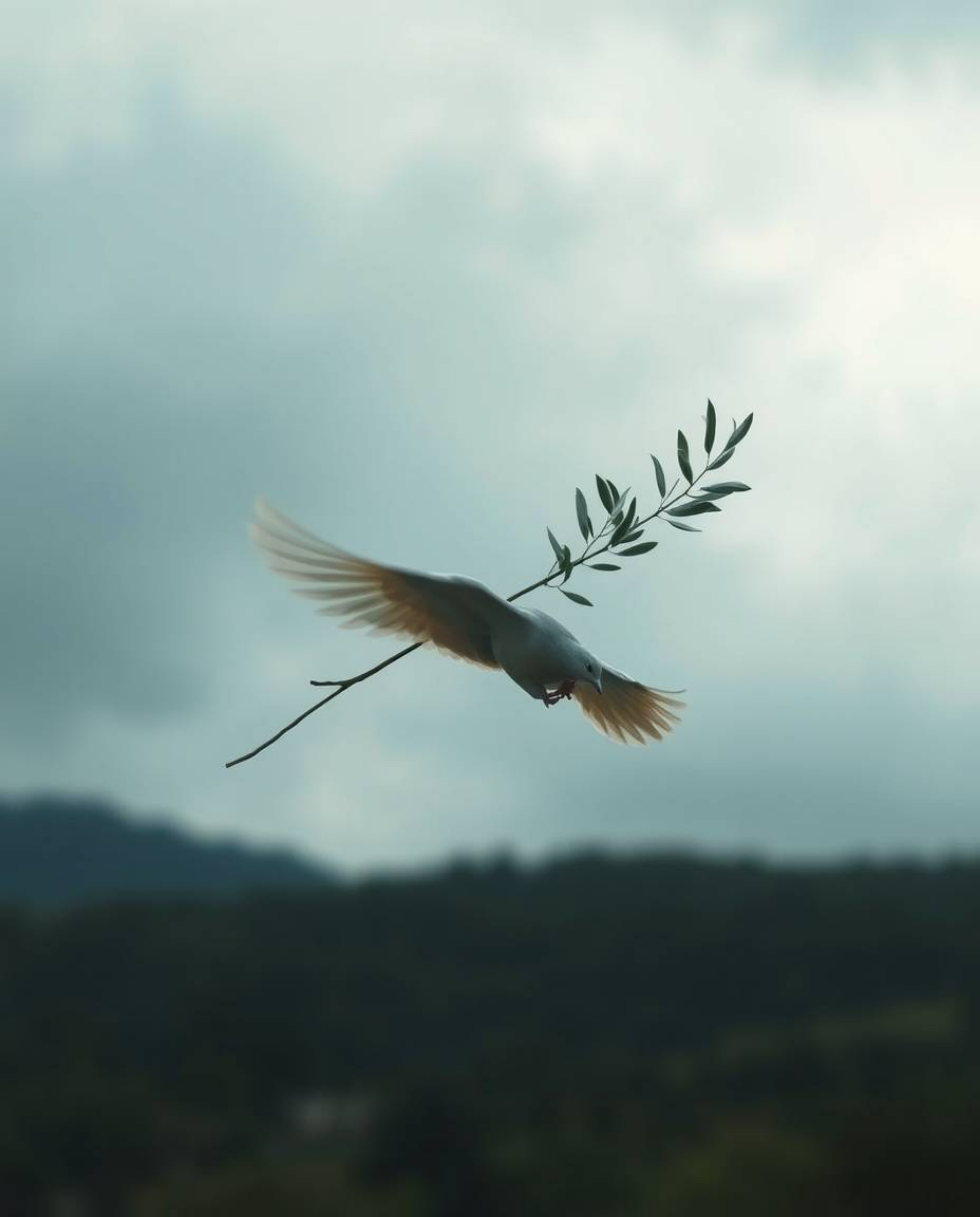 A captivating image of a dove carrying an olive branch amidst stormy skies, rendered in a soft cinematic haze.  This evocativ