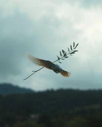 A captivating image of a dove carrying an olive branch amidst stormy skies, rendered in a soft cinematic haze.  This evocativ