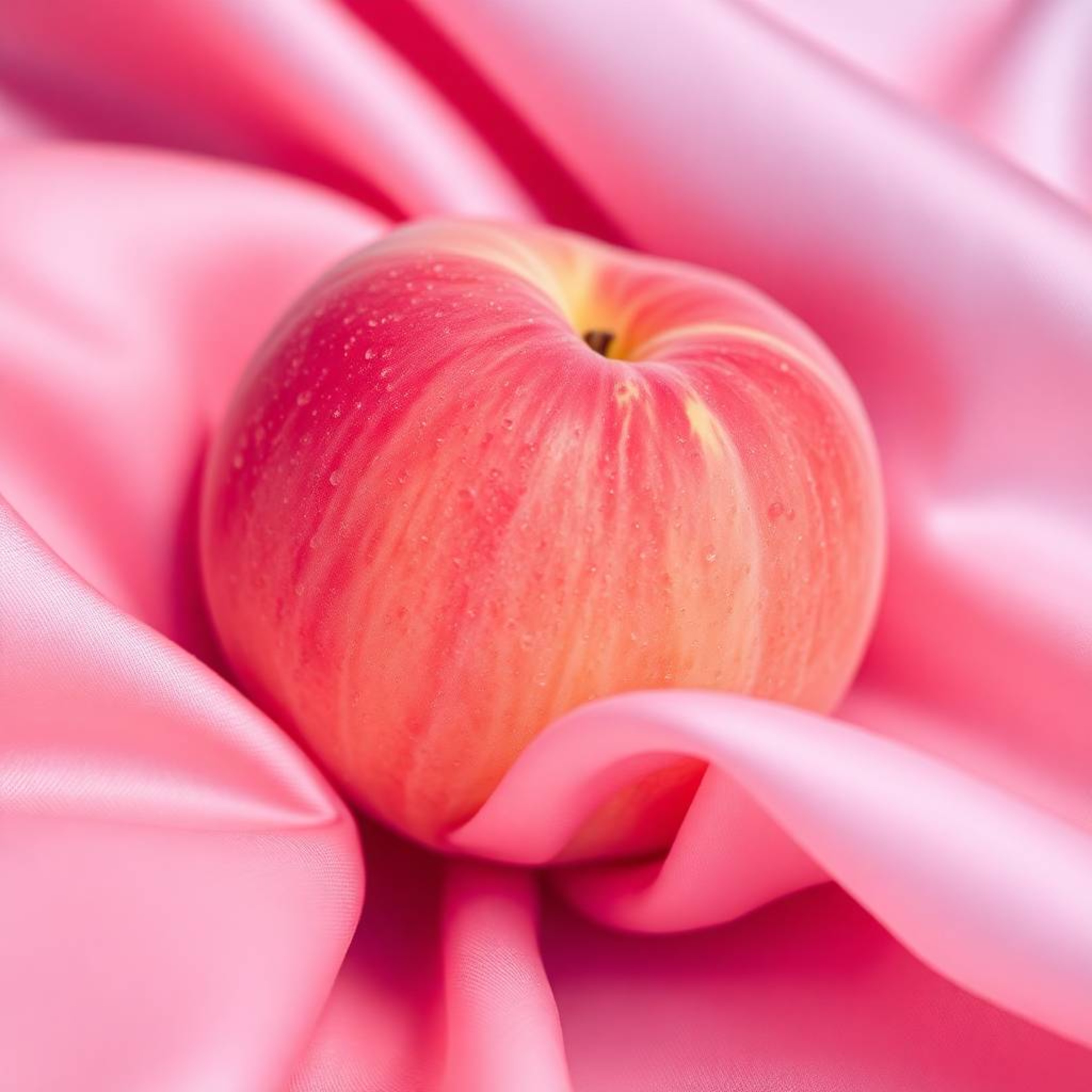 This high-resolution image captures the ASMR aesthetic of a soft, blushing pink peach resting on silky pastel pink fabric. Th