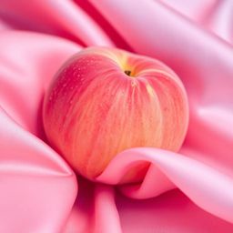 This high-resolution image captures the ASMR aesthetic of a soft, blushing pink peach resting on silky pastel pink fabric. Th