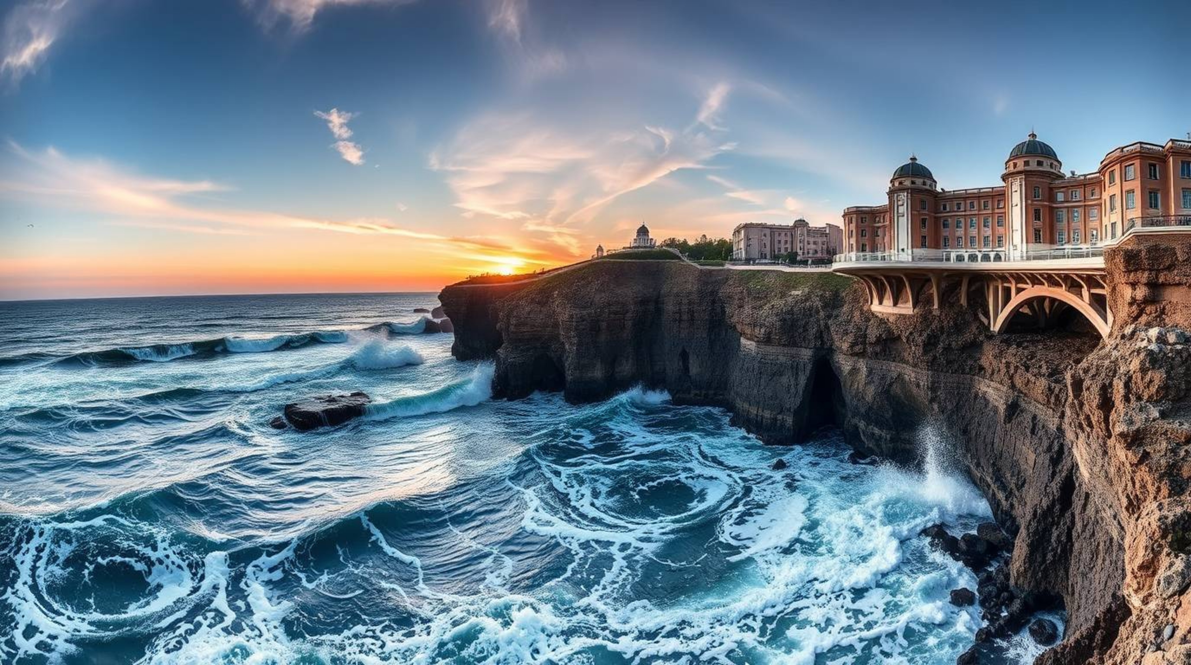 Stunning architectural color photography captures the dramatic scene of waves crashing against cliffs at sunset.  The image s