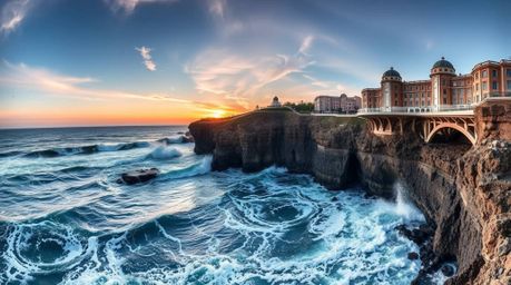 Stunning architectural color photography captures the dramatic scene of waves crashing against cliffs at sunset.  The image s