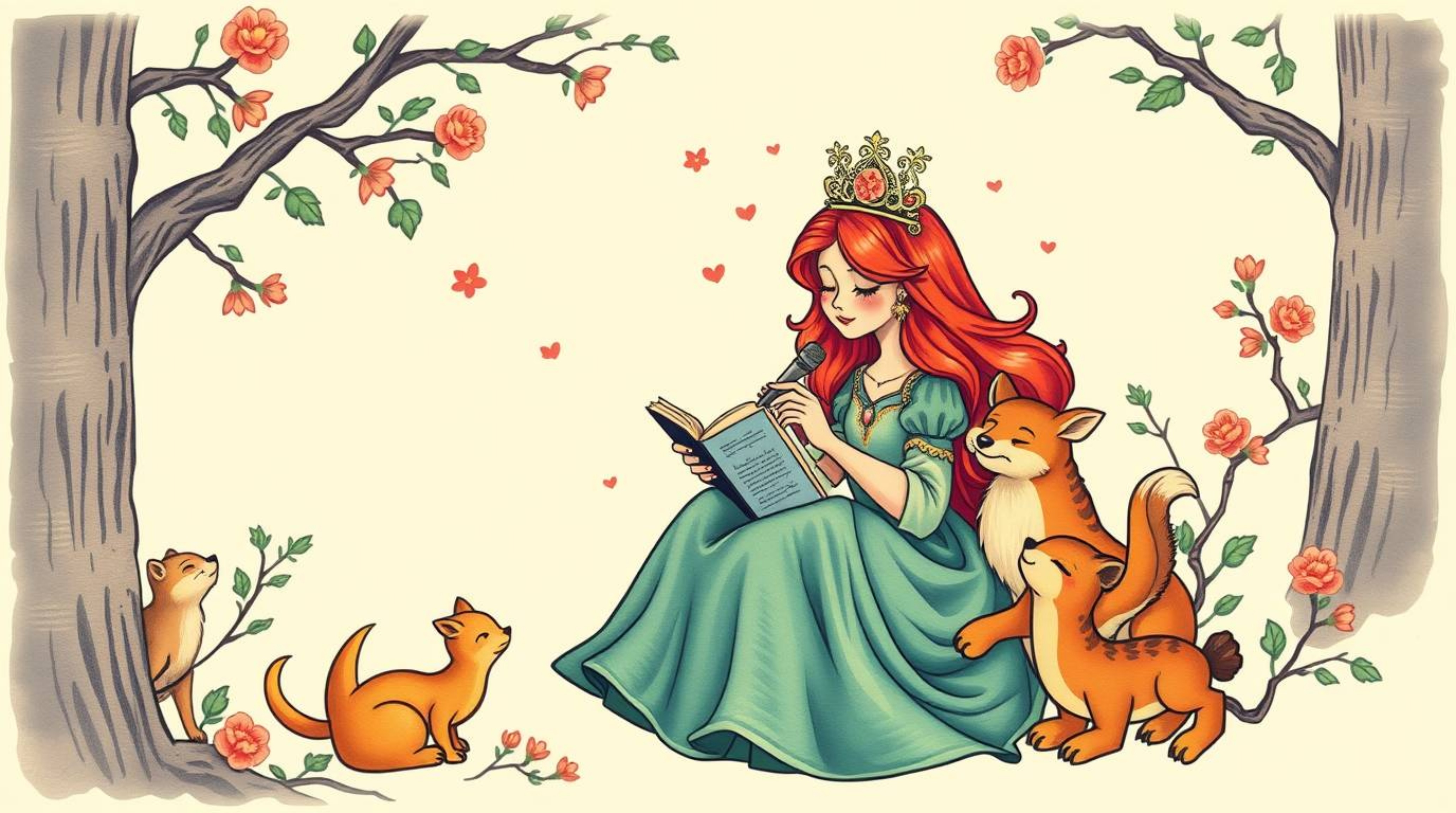 A captivating vintage 2D animation style artwork depicts a princess harmonizing with forest animals in a mystic and enchantin