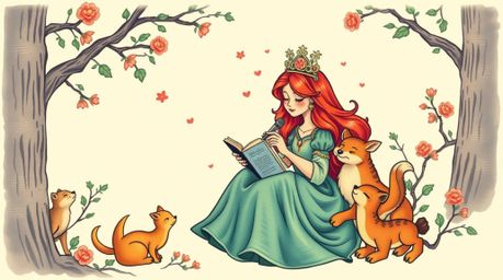 A captivating vintage 2D animation style artwork depicts a princess harmonizing with forest animals in a mystic and enchantin