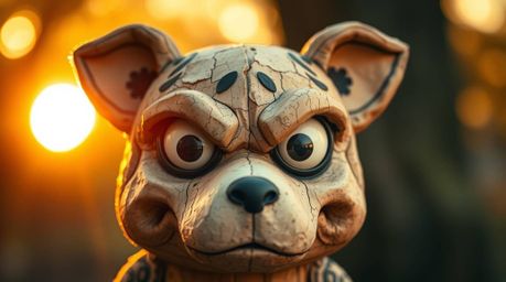 A sculpted papier-mâché animal sidekick, bathed in warm golden hour light, boasts expressive eyes and a textured surface. The