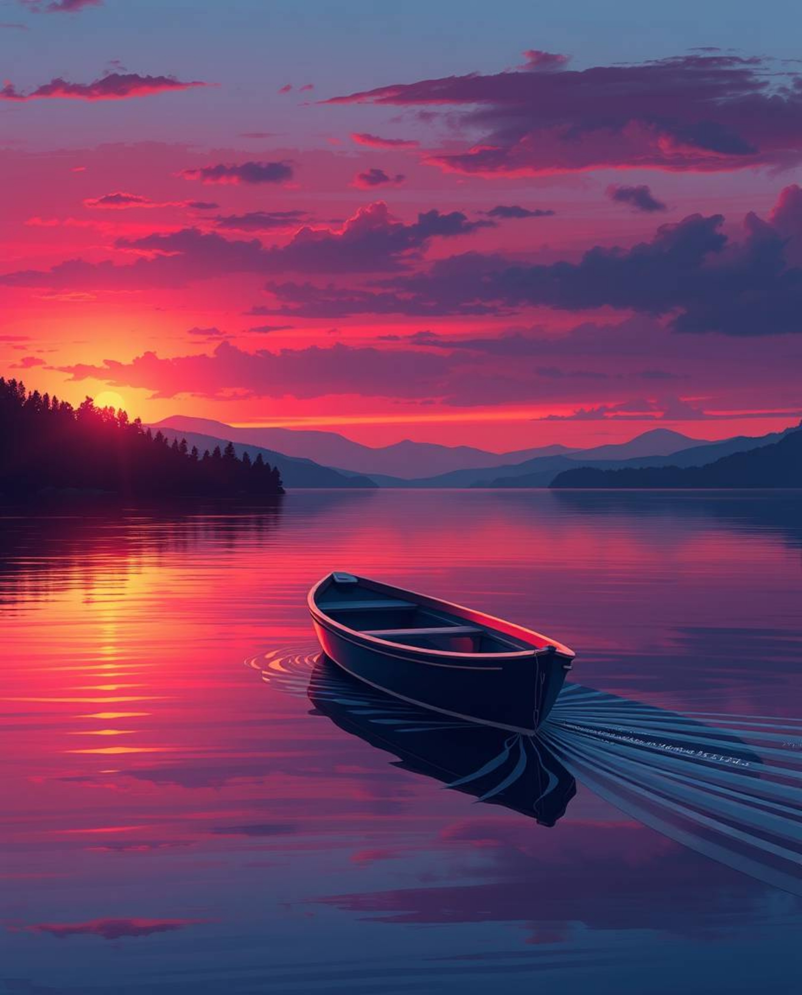 This is a sophisticated and elegant illustration of a boat drifting on a lake at sunset. The artwork is distinguished by its 