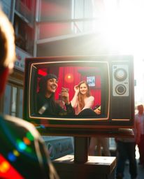 A warm and bright lens flare street photography image captures spontaneous candid moments in an urban setting. Featuring a re