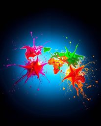 This artwork showcases a dynamic and vibrant world map constructed from electric, vivid splashes of color. The dramatic upwar