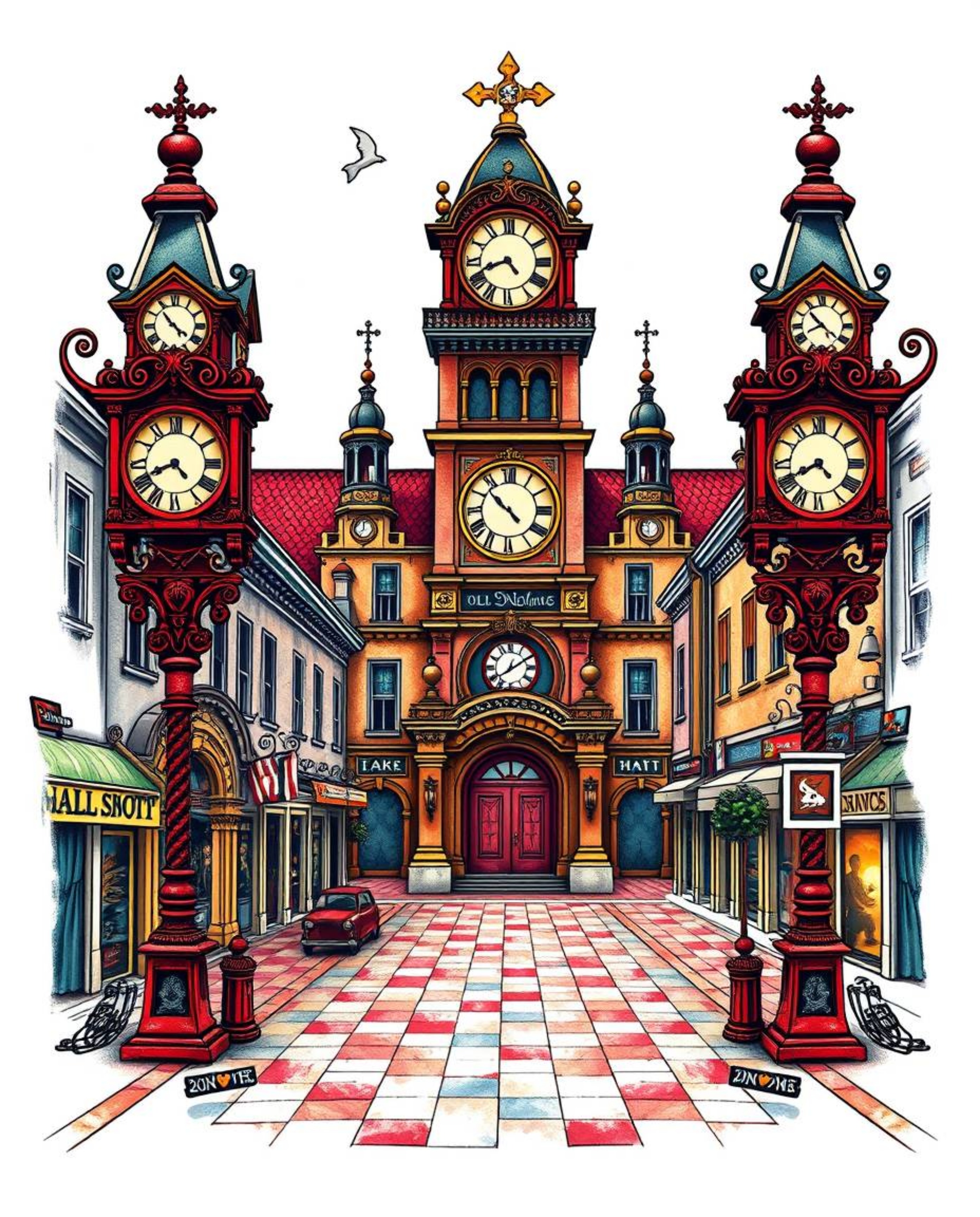 This stunning symbolic traditional tattoo art print captures a dramatic cinematic scene of an empty town square, dominated by