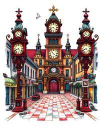 This stunning symbolic traditional tattoo art print captures a dramatic cinematic scene of an empty town square, dominated by