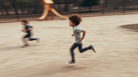 A captivating slow-motion photograph depicts a dynamic run through a playground.  The image utilizes a muted color palette of