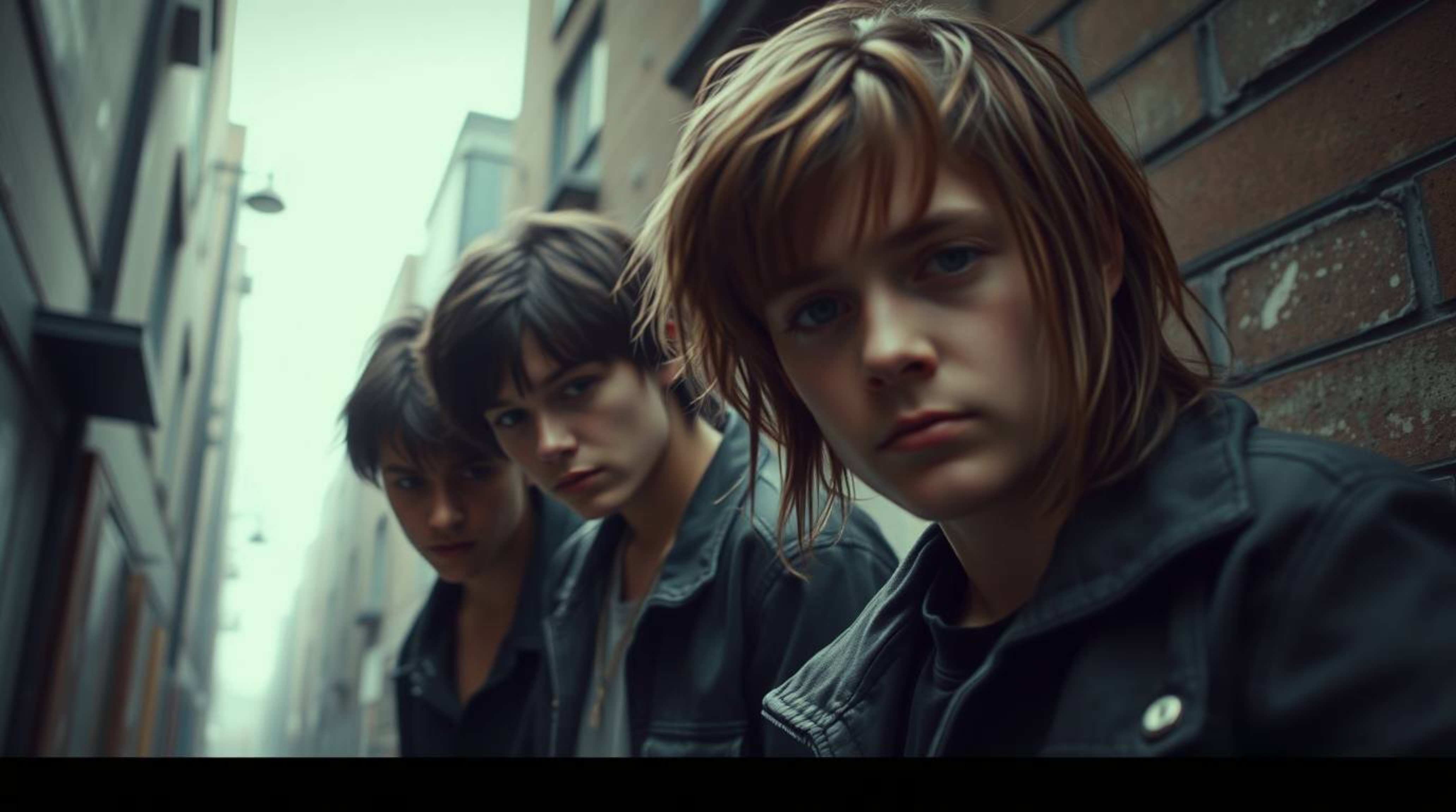 A captivating cinematic image portrays rebellious teens in a grungy city alley.  Shot from a high angle with a soft focus and
