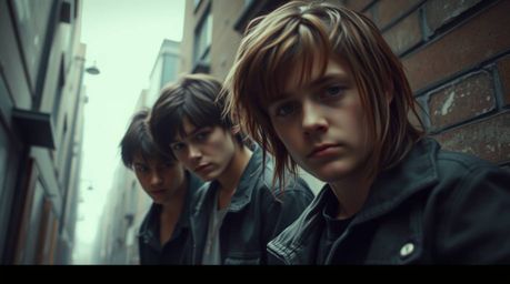 A captivating cinematic image portrays rebellious teens in a grungy city alley.  Shot from a high angle with a soft focus and