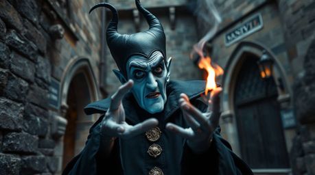 A captivating candid street photograph depicts a classic Disney villain, strikingly featured with grey skin, spontaneously ca