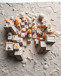 This stunning sculptural clay art depicts a city consumed by flames, as seen from a dramatic bird's eye view. The piece featu