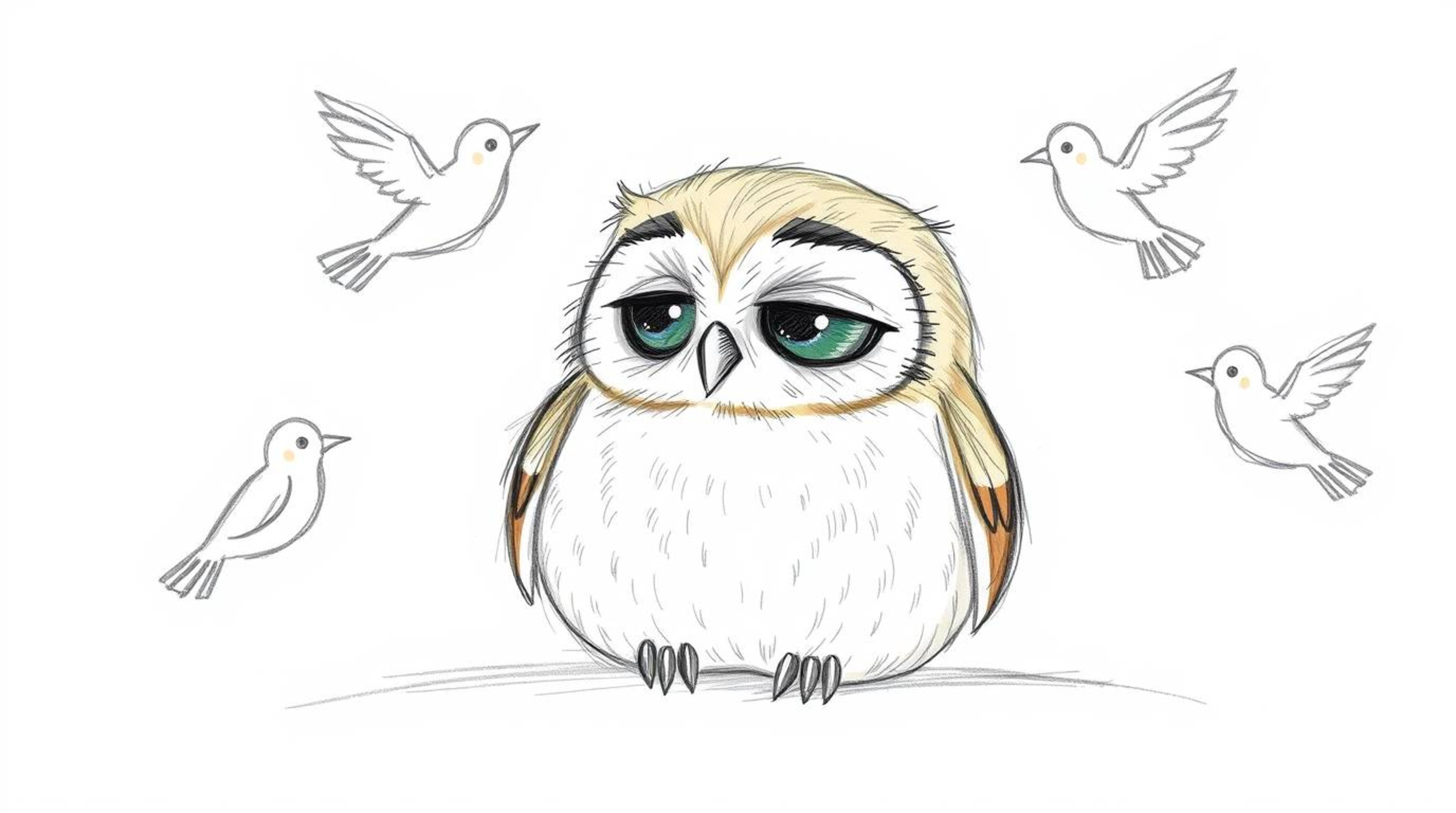 A heartwarming hand-drawn sketch in the style of Pixar showcases a blind owl with gentle, rounded features and light brown pl