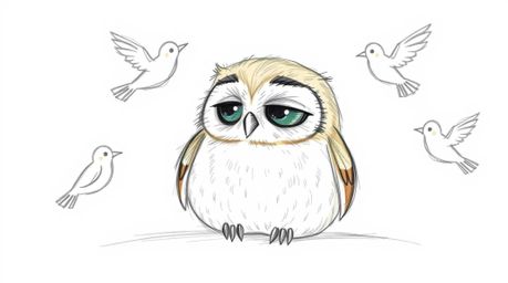 A heartwarming hand-drawn sketch in the style of Pixar showcases a blind owl with gentle, rounded features and light brown pl