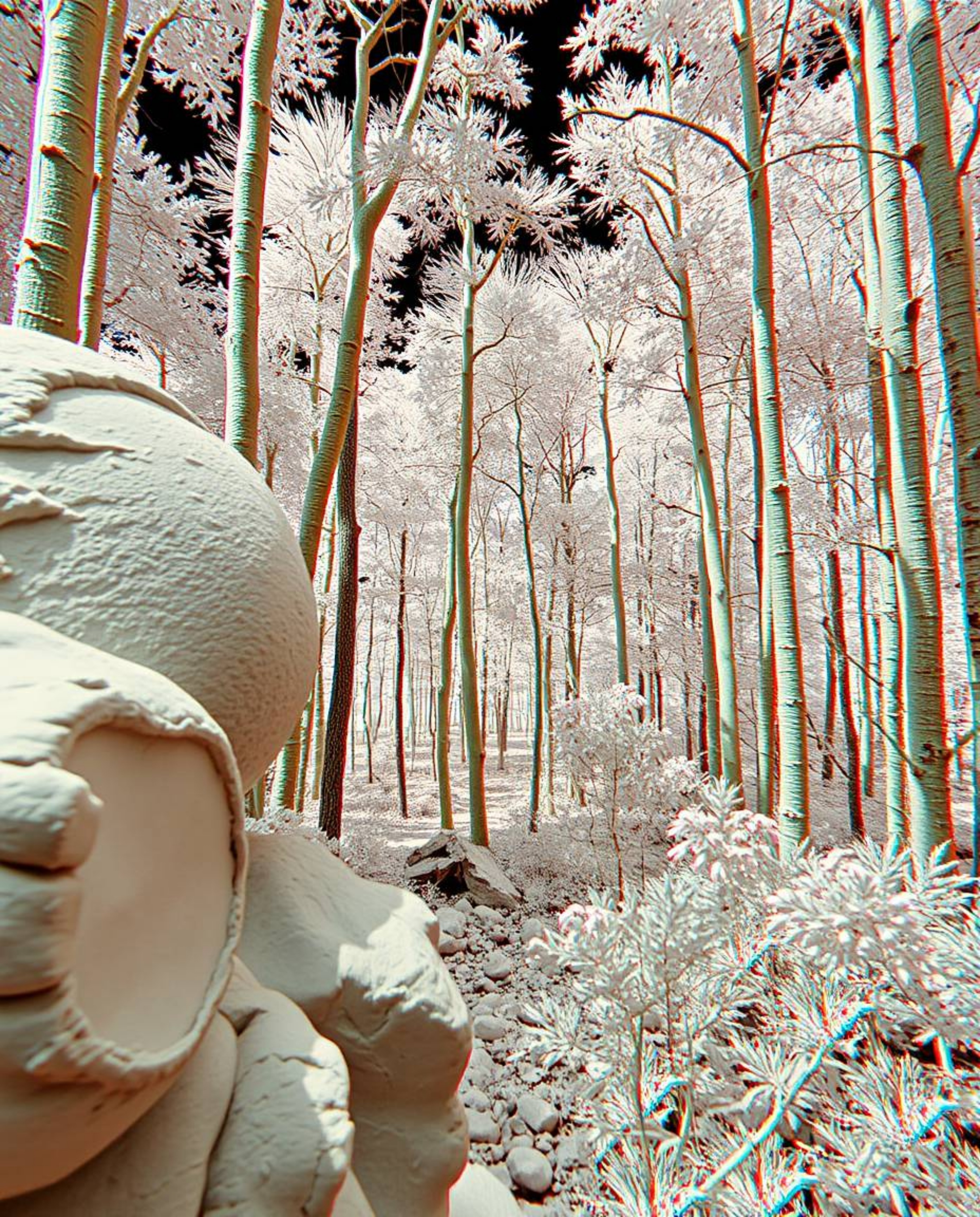 This surreal digital artwork depicts a natural forest scene rendered in infrared tones, creating an otherworldly atmosphere. 
