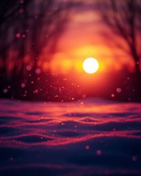 A visually striking image of snowflakes falling during a vibrant sunset, characterized by a unique combination of soft pastel