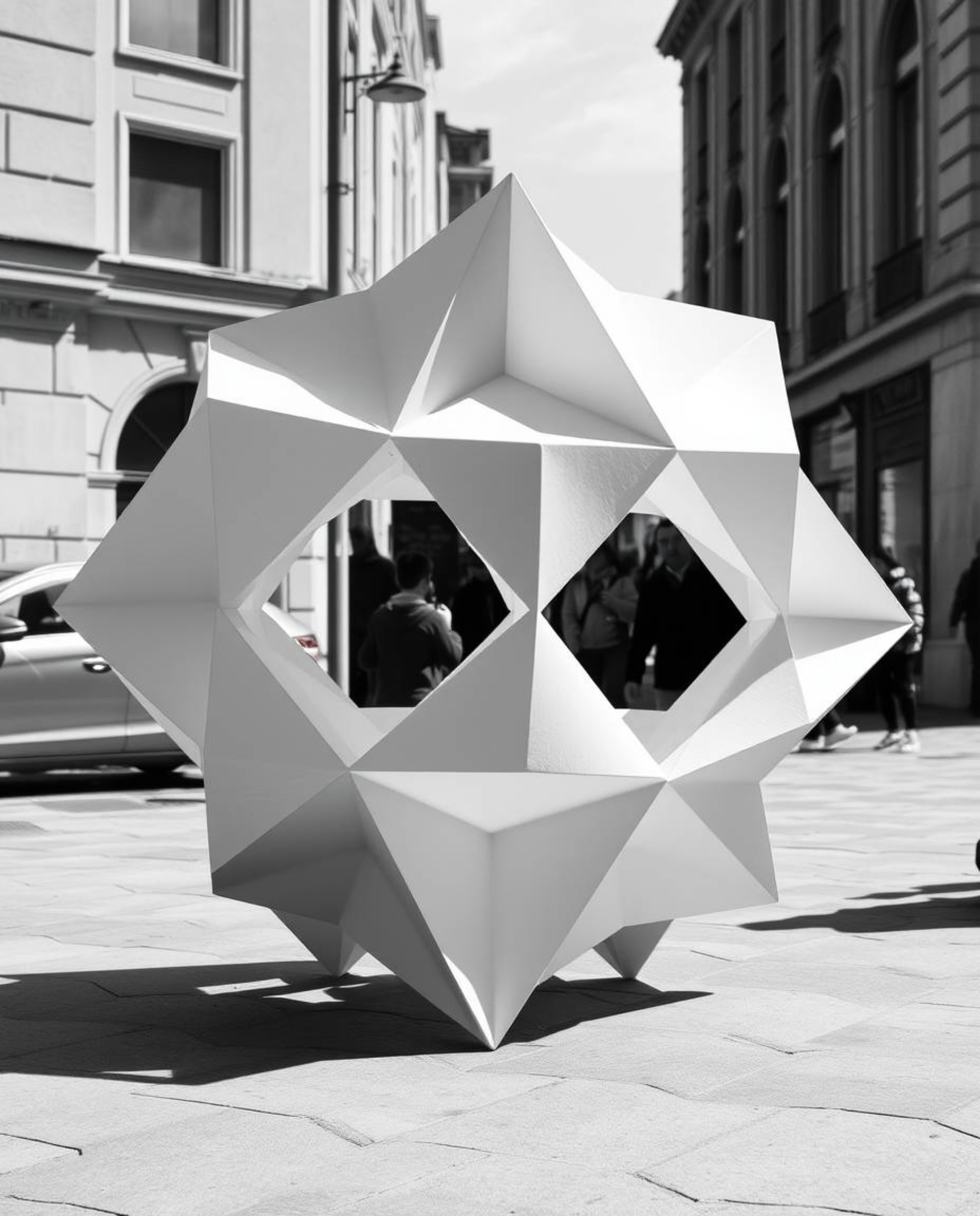 A candid street photograph in monochrome showcasing a graceful, elegant 3D geometric pattern reminiscent of folded paper. The