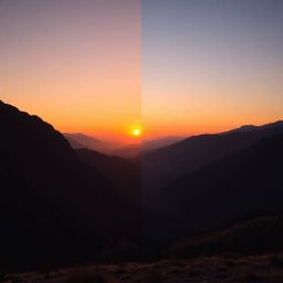 This stunning photograph captures a mesmerizing sunset over a tranquil mountain valley, artfully divided into bold sections f