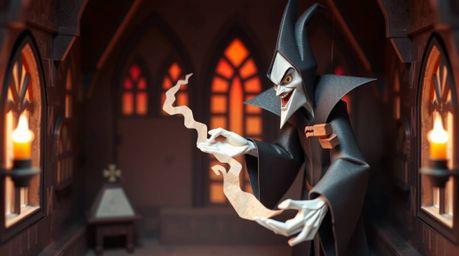 This stunning image features a classic Disney villain meticulously crafted in an intricate origami style, casting a powerful