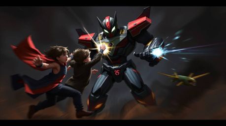 A dynamic digital painting depicts three superpowered children locked in an intense battle against a powerful robot.  Rendere