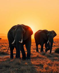This is a precisely detailed architectural color photograph of elephants walking across a sunset field. The scene is bathed i