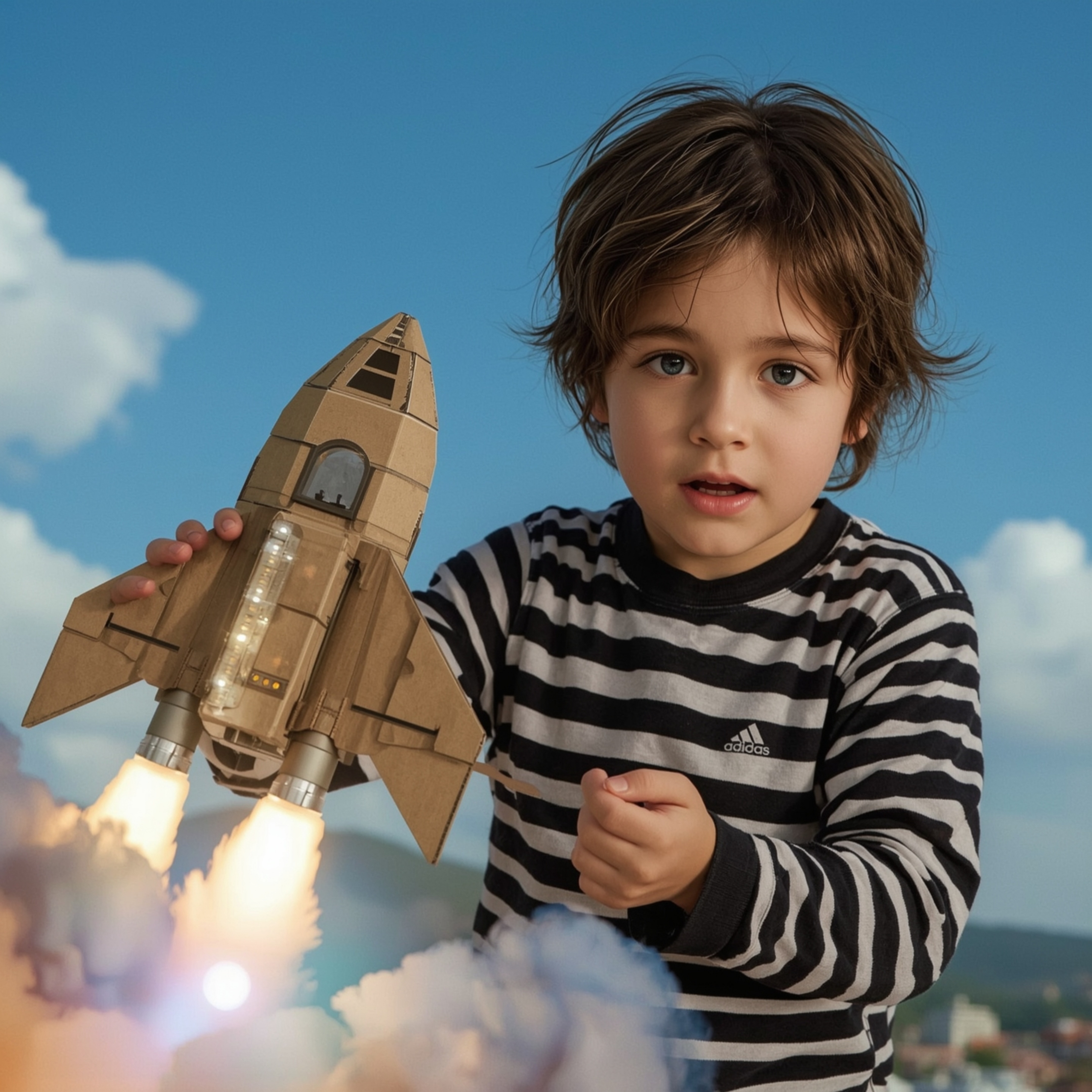 A captivating high-fashion photograph depicts a young boy with bright blue eyes and messy brown hair, excitedly launching his