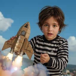 A captivating high-fashion photograph depicts a young boy with bright blue eyes and messy brown hair, excitedly launching his