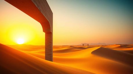 A breathtaking architectural photograph captures a vibrant sunset at the edge of a desert landscape.  Golden dunes stretch to