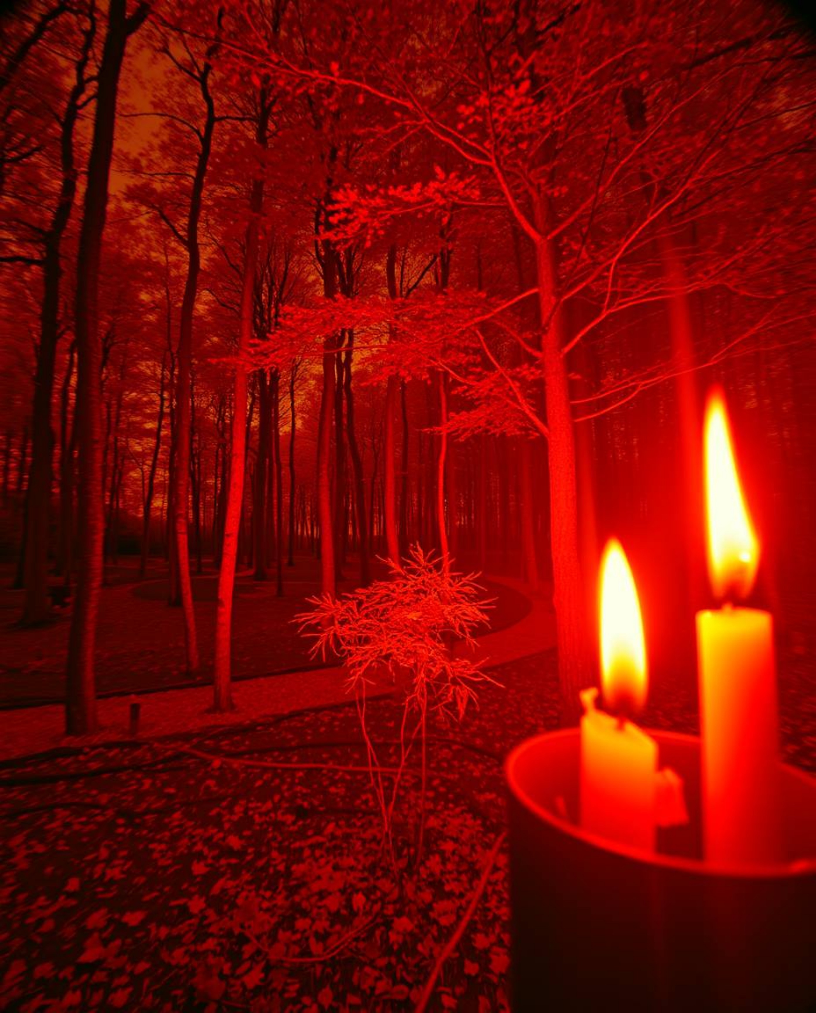 This surreal infrared photograph captures the ethereal glow of candlelight flickering amidst a natural forest scene.  A digit