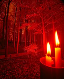 This surreal infrared photograph captures the ethereal glow of candlelight flickering amidst a natural forest scene.  A digit