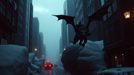 A captivating image in a candid street photography style depicts a dragon and its rider soaring above icy mountain peaks in a