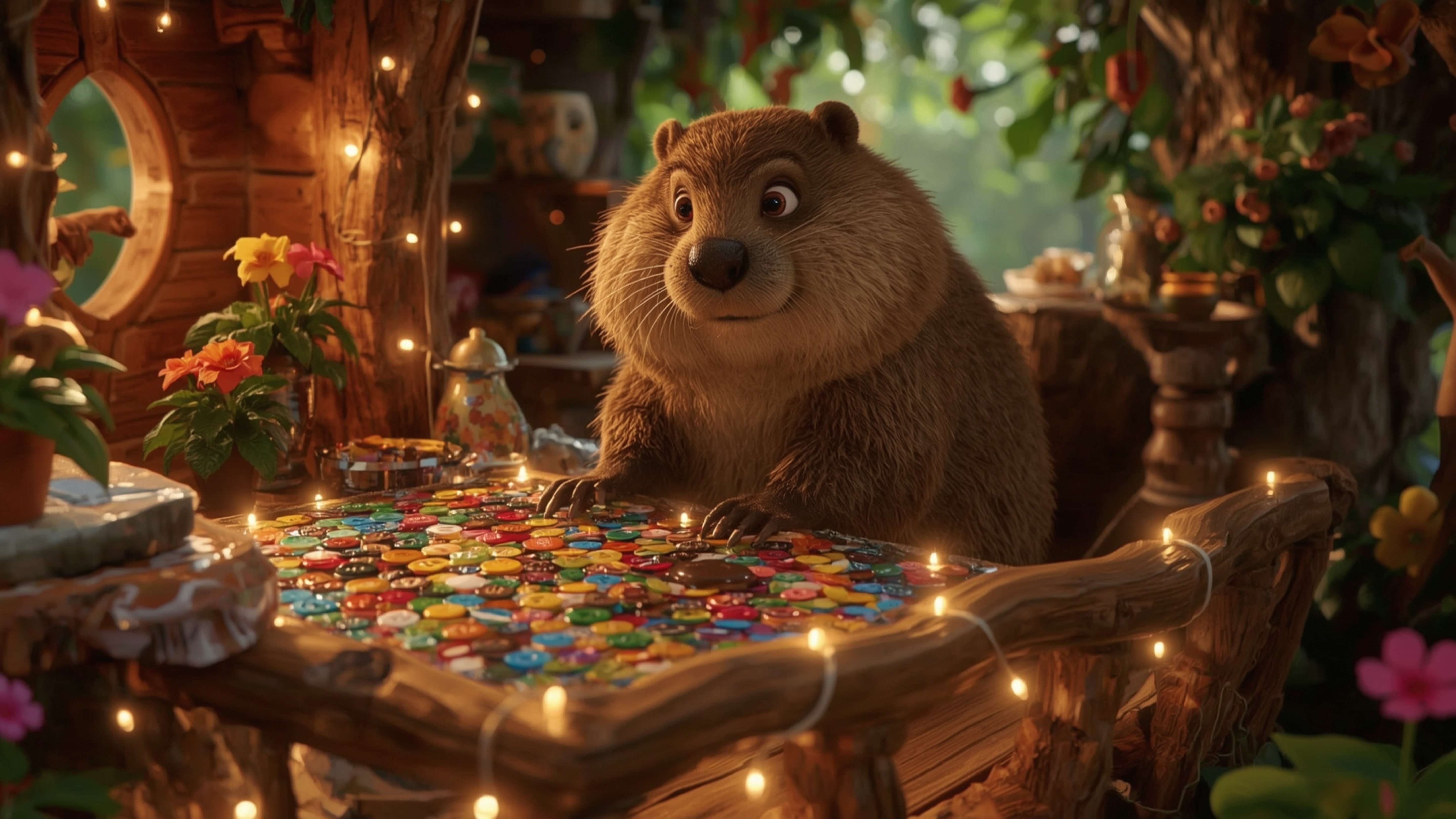A high-resolution, commercially professional stock photo, reminiscent of Pixar's whimsical style, depicts a busy beaver dilig