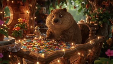 A high-resolution, commercially professional stock photo, reminiscent of Pixar's whimsical style, depicts a busy beaver dilig