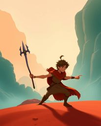Embark on a Disney-style desert adventure with a brave hero, bathed in the warm hues of terracotta and cool teal. This illust