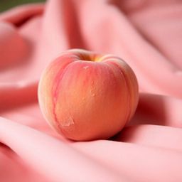 A captivating low-angle close-up image featuring a soft, blushing pink peach resting on pastel pink fabric, creating an ASMR-