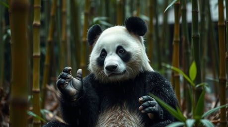 A captivating close-up reveals a martial artist panda deeply engrossed in meditation within a lush bamboo forest.  The scene 