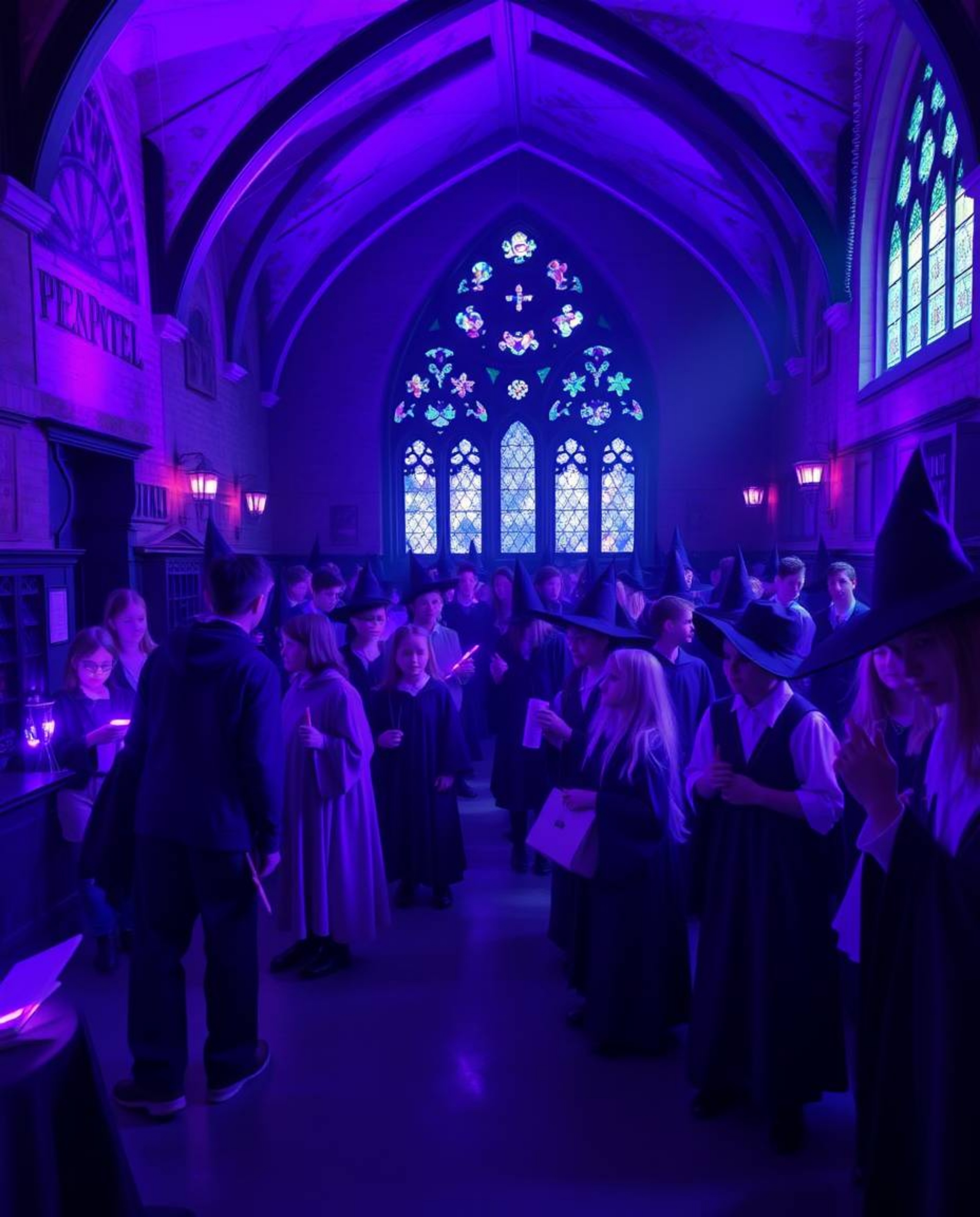 Step into a magical school brimming with young wizards, bathed in the gentle glow of soft ultraviolet light. This enchanting